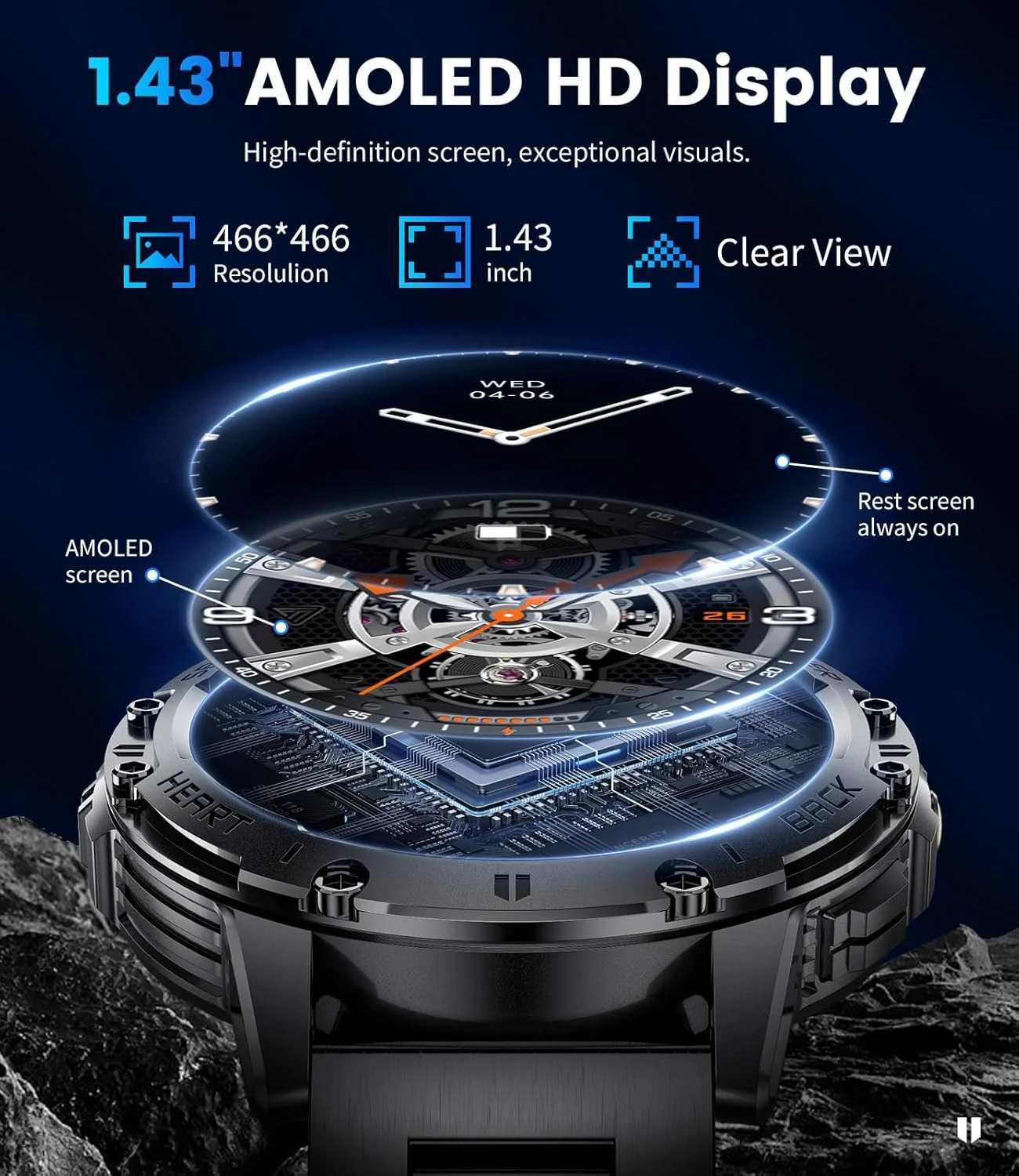 Military Smart Watches for Men(Answer/Make Calls) with LED Flashlight,530mAh Large Battery,1.43’’ AMOLED Heart Rate/Sleep Monitor 5ATM Waterproof Smartwatch for Android iOS,100+Sport Modes,3 Straps - Image 3