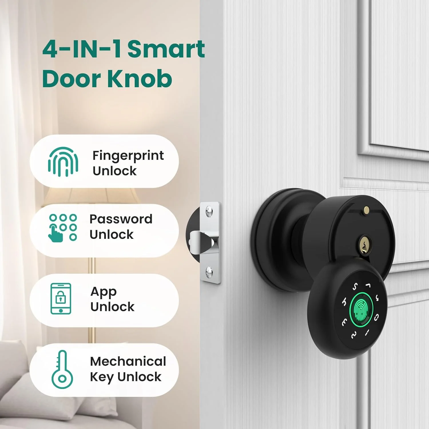 GHome 4 in 1 Smart Fingerprint Door Knob with Keypad Door Lock, Biometric Smart Door Knobs & App Control, Keyless Entry Door Lock Great for Home, Bedroom, Apartment Offices and Garages - Image 3