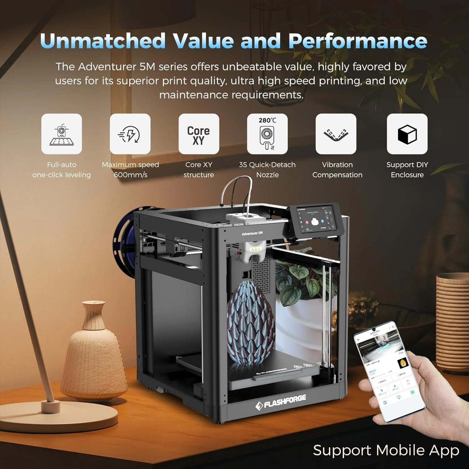 FLASHFORGE Adventurer 5M 3D Printer with Fully Auto Leveling, Max 600mm/s High Speed Printing, 280°C Direct Extruder with 3S Detachable Nozzle, Core XY All Metal Structure, Print Size 220x220x220mm - Image 3