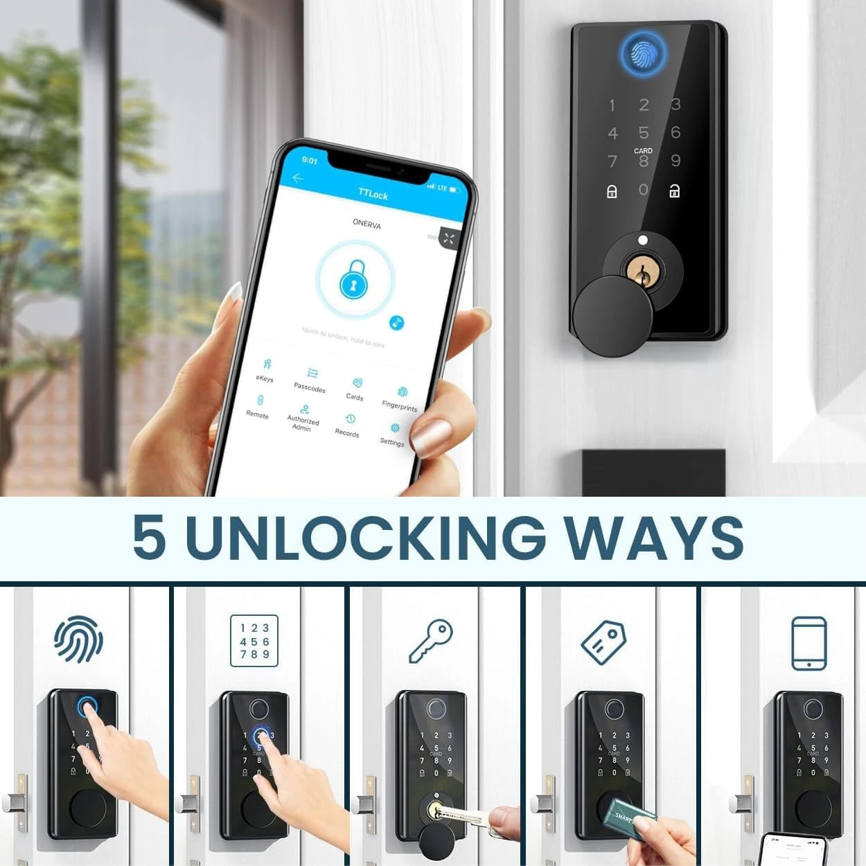 ONERVA™ Biometric Fingerprint Smart Lock & WiFi Gateway Set for Remote Unlock, Google Nest & Alexa with App Controlled Bluetooth & Keyless Entry, 8-in-1 Digital Deadbolt - Image 3