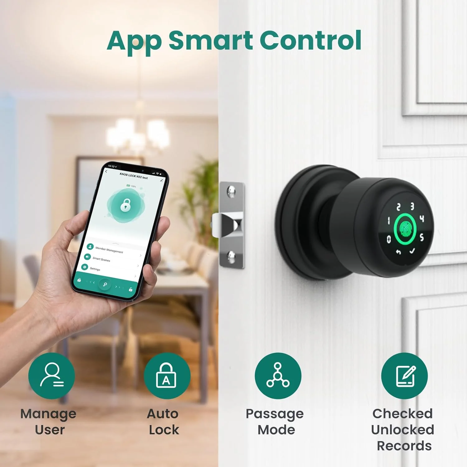 GHome 4 in 1 Smart Fingerprint Door Knob with Keypad Door Lock, Biometric Smart Door Knobs & App Control, Keyless Entry Door Lock Great for Home, Bedroom, Apartment Offices and Garages - Image 2