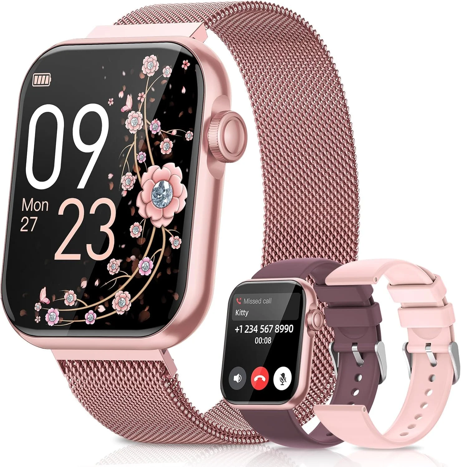 Smart Watches for Women,Fitness Tracker Smartwatch for Android Phones/iPhone Compatible,1.85" Womens Watch with Blood Pressure Monitor,Calls and Messages/Heart Rate/Sleep/Female Cycle(3 Watch Bands)