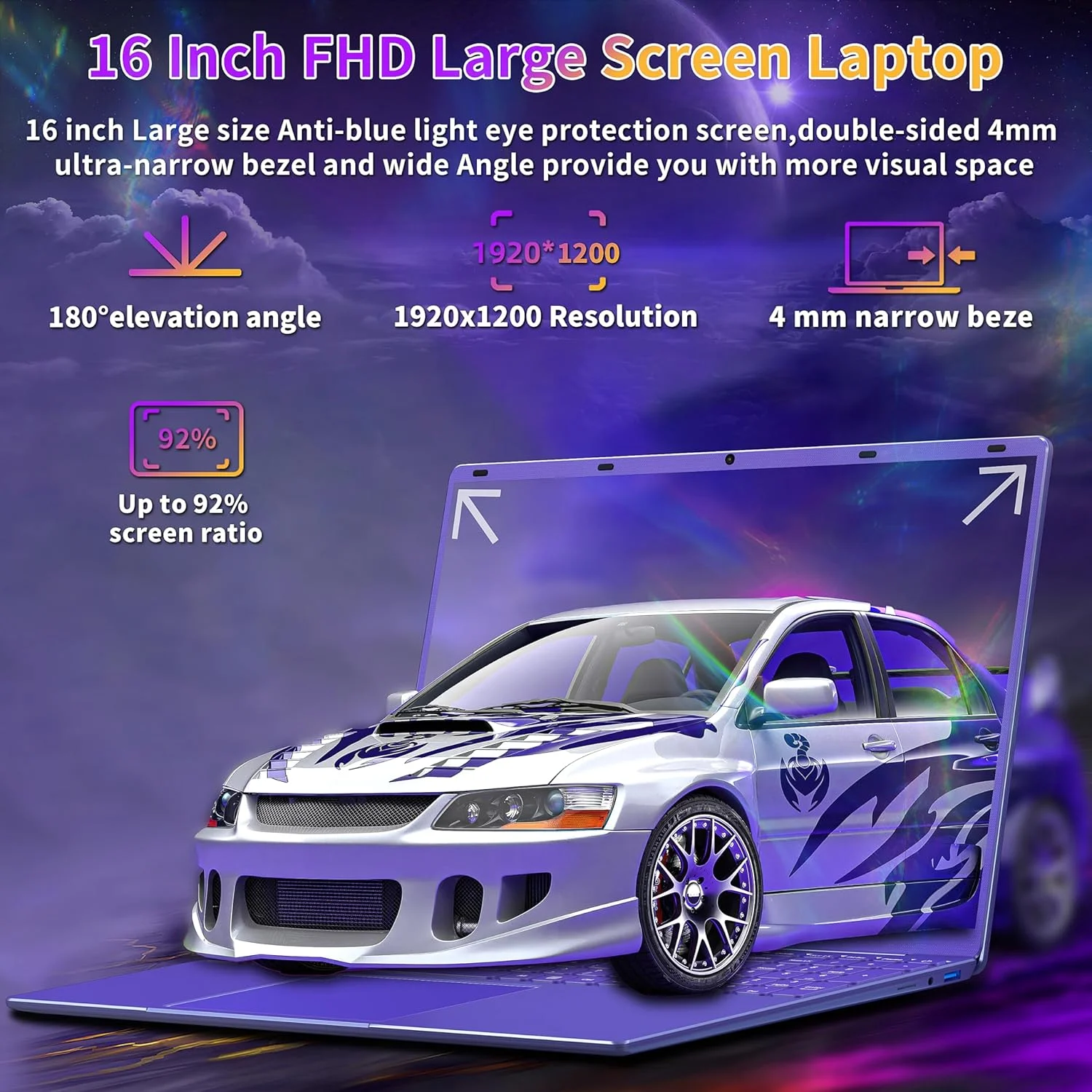 16" Purple Gaming Laptop 12G LPDDR5 RAM 1TB NVMe SSD Alder Lake N95 CP, 2K FHD(1920 * 1200) IPS Screen/Color Backlit KB/Fingerprint/Windows 11 PC for Game Work Study - Image 3